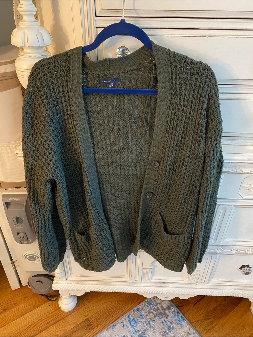 American Eagle Outfitters Olive Open-Knit Button Cardigan